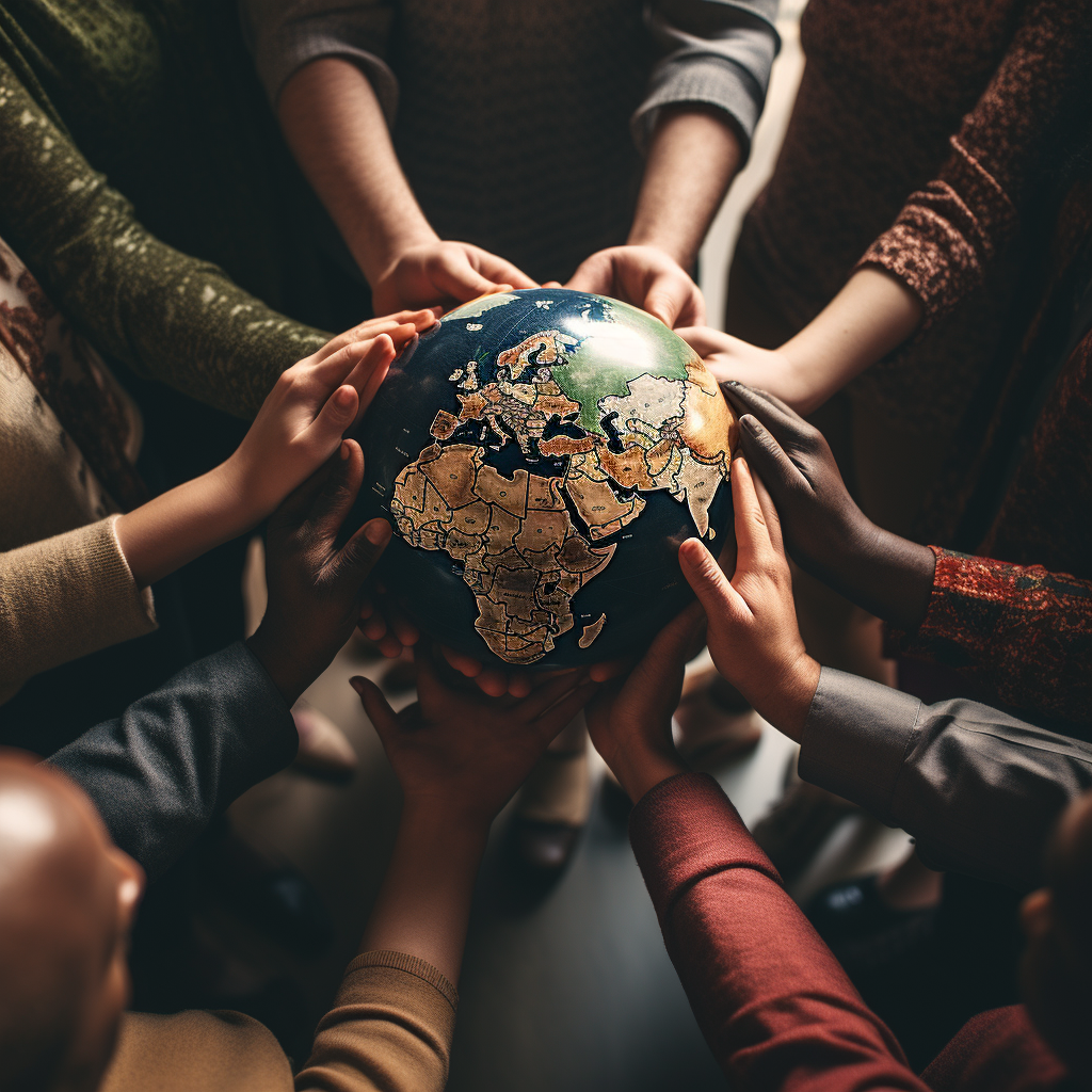 A group of people from different cultures and ethnicities holding hands around a globe. --v 5.2