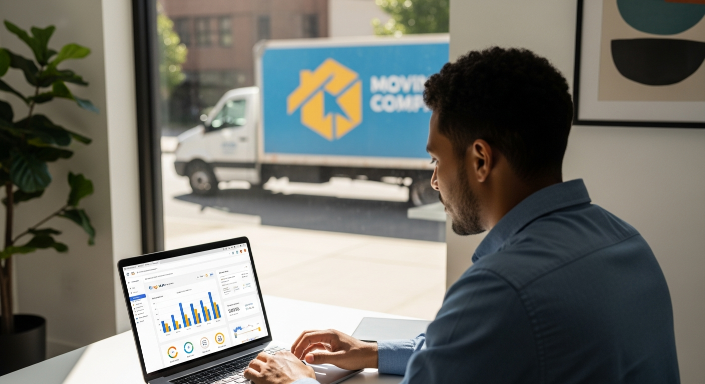 Moving company owner reviewing Google Ads performance on a laptop at their desk, with a branded moving truck visible through the window behind them