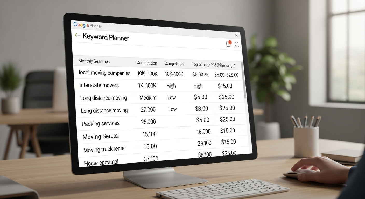 Google Keyword Planner screen displaying moving company search terms with monthly search volumes, competition levels, and bid range estimates for local and interstate moving keywords