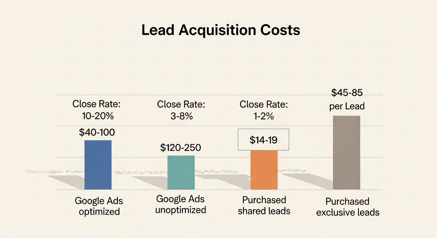 Side-by-side bar chart comparing lead acquisition costs: Google Ads optimized ($40-100/lead), Google Ads unoptimized ($150-250/lead), purchased shared leads ($14-19/lead), and purchased exclusive leads ($45-85/lead), with close-rate annotations on each bar