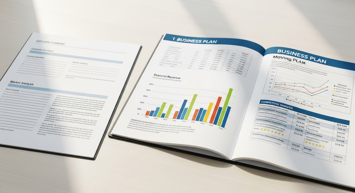 Side-by-side comparison of two business plans: a thin generic three-page template on the left versus a detailed moving company plan on the right showing industry-specific financial tables, seasonal revenue charts, and a competitive analysis grid