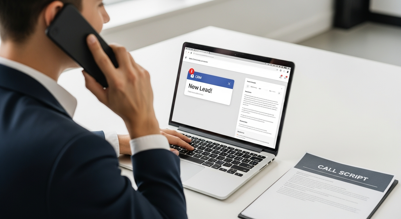 Moving company sales rep making a confident phone call at a desk with a laptop showing a lead notification and a printed call script