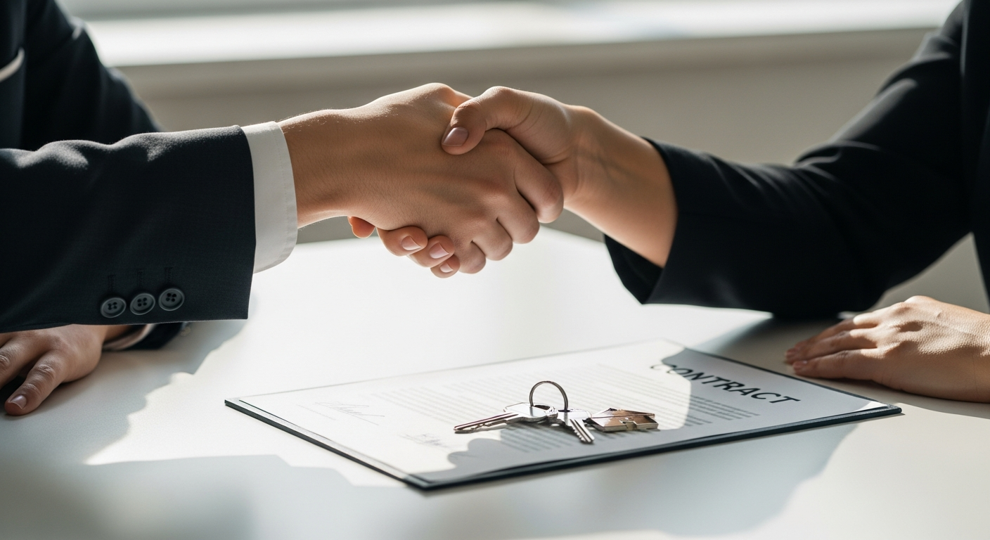Two people completing a handshake across a desk with a signed moving contract and keys visible, representing a successful sales close
