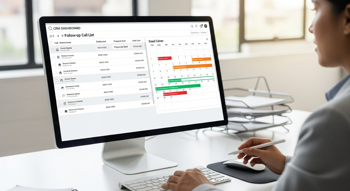 Moving company sales rep reviewing a structured follow-up call list on a CRM dashboard with a color-coded calendar showing lead stages and contact dates