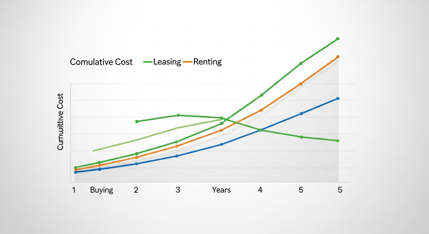 Line graph showing 5-year cumulative cost curves for buying, leasing, and renting a moving truck, with the buy curve remaining lowest after year two