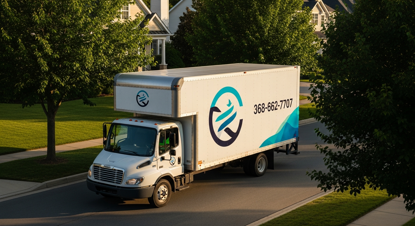 Professionally branded moving company box truck with full-color wrap including logo and phone number driving through a residential neighborhood