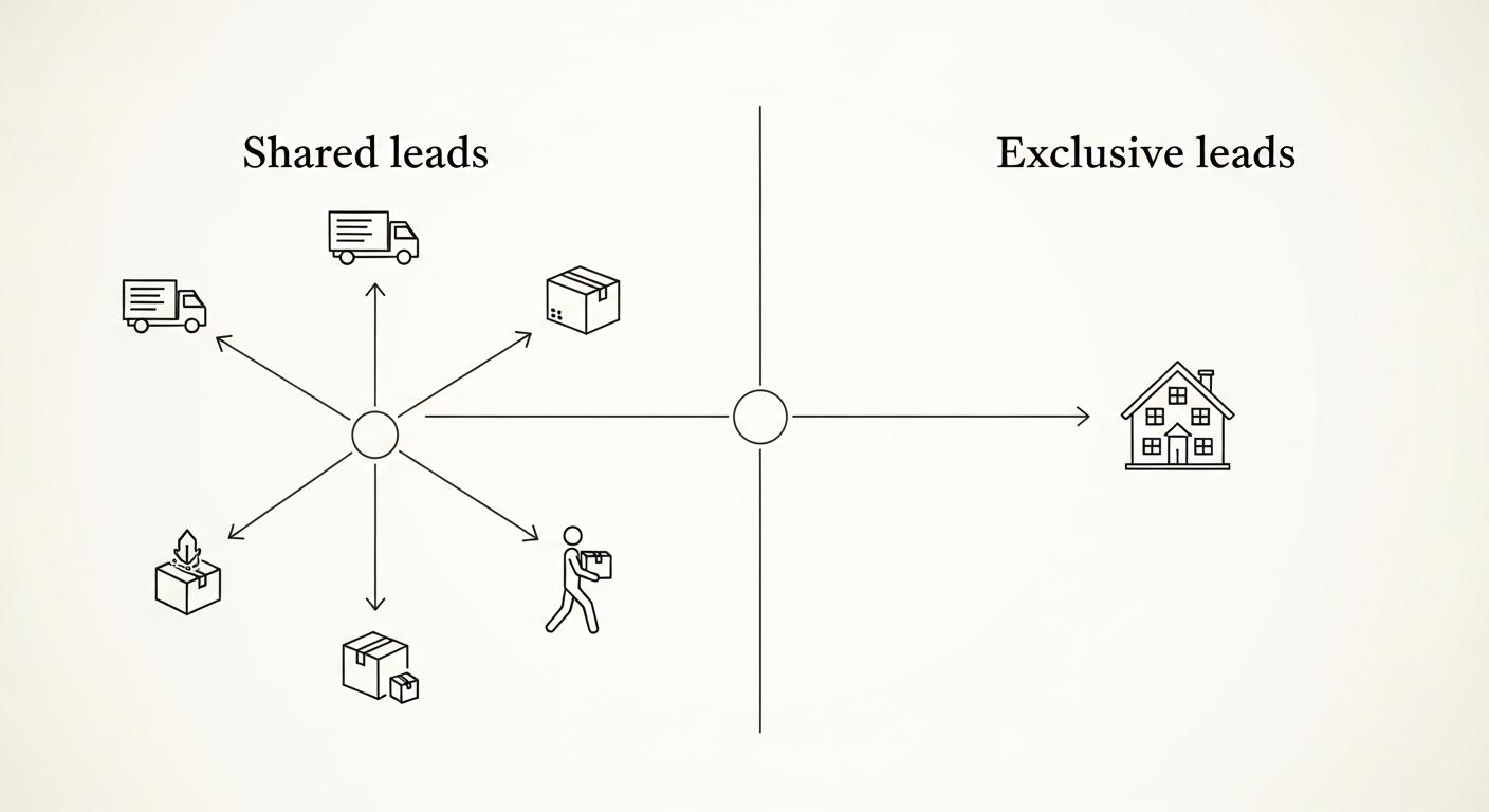 Side-by-side diagram showing a shared lead distributing to four moving companies versus an exclusive lead going to one mover only