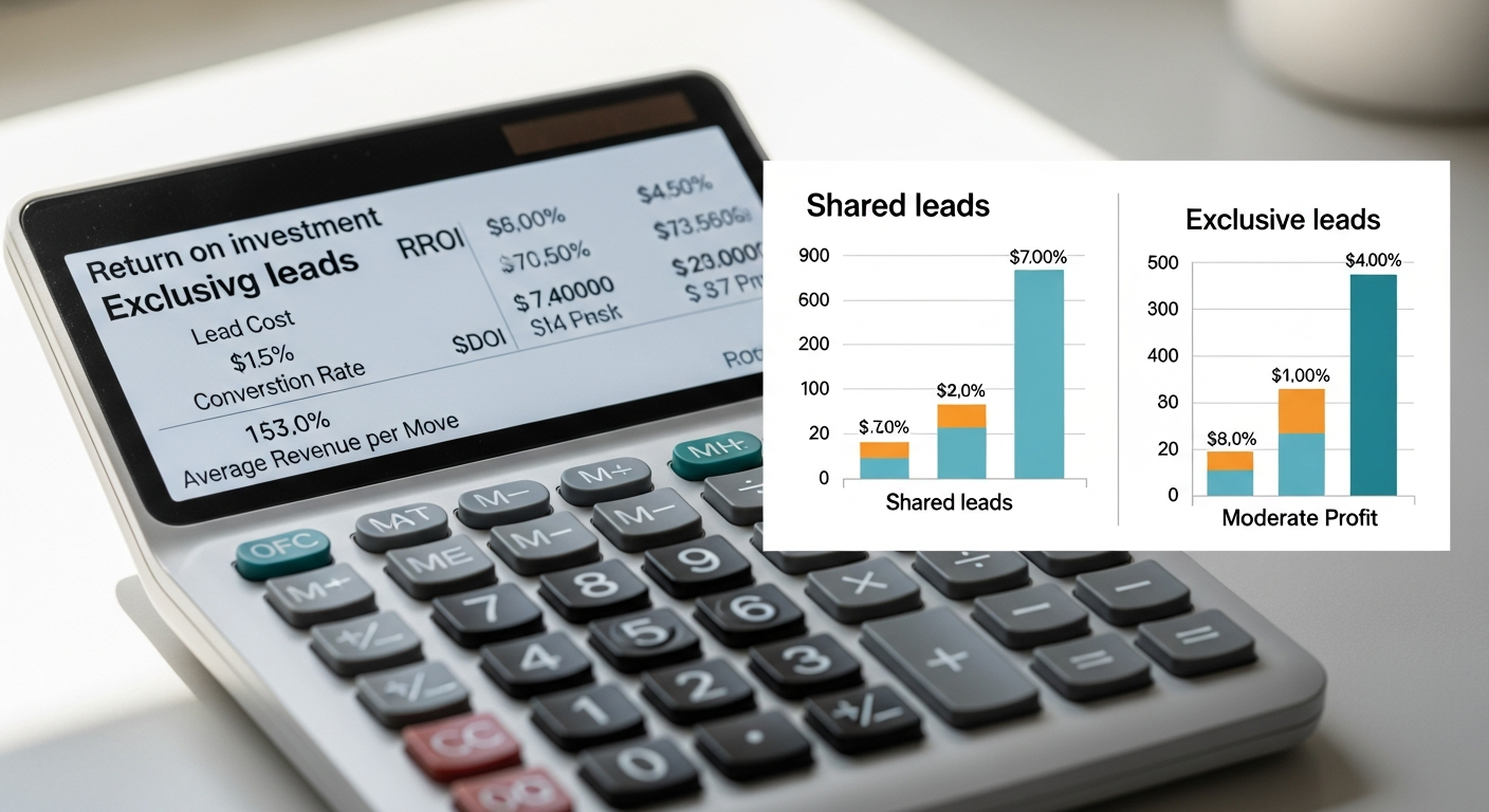 Calculator displaying ROI formulas for shared and exclusive moving leads with profit outcome charts